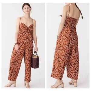 NWT J. Crew Tie-front Jumpsuit Wide Leg Vintage Vines Sz 10 Smocked Back Nature